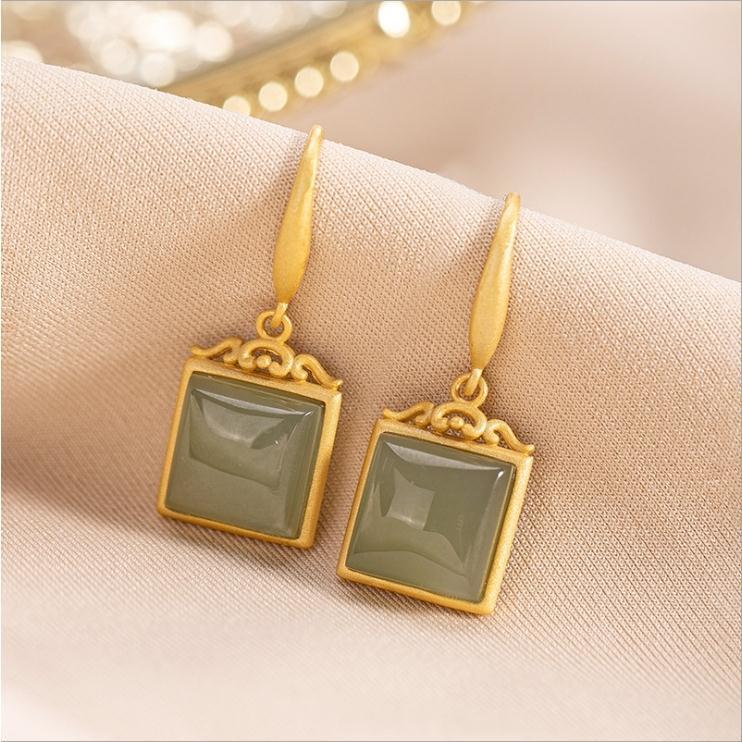 

New Silver Natural Hetian Sapphire Geometric Earrings Xiangyun Square Chinese Retro Temperament Charm Women Brand Jewelry