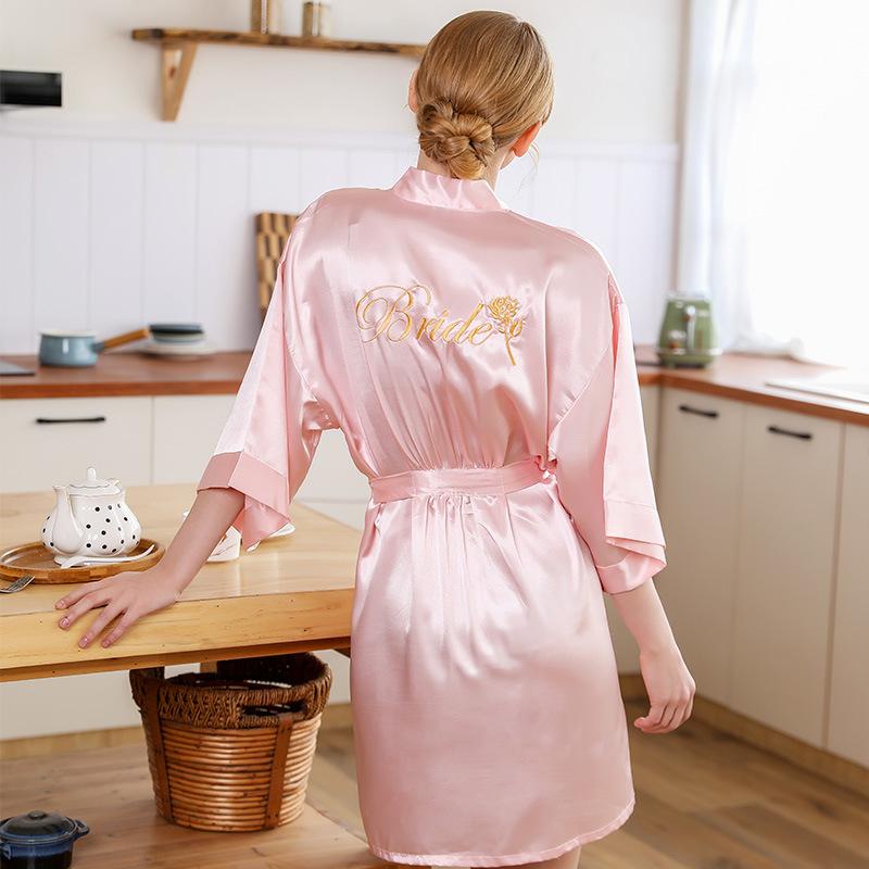 

FZSLCYIYI Bride Bridesmaid +Rose Flower Embroidery wedding Short Robe Bath Gown Summer Kimono Yukata Nightgown pajama Nightdress