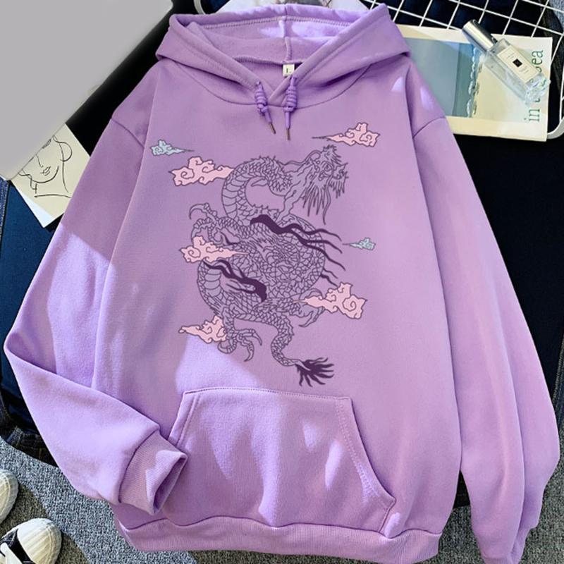 

Dragon Print Hoodies Women Sweatshirt Candy Color Harajuku Hooded Tops Casual Long Sleeves Pockets Female Pullover, Purple