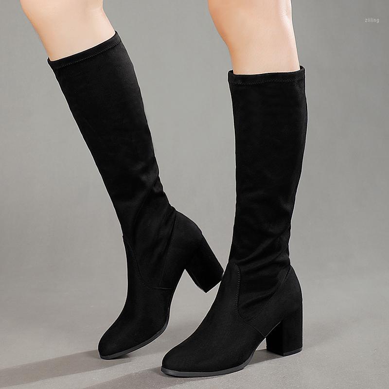 

Knee High Boots Women Boots Over The Knee High Heel Flock Square Heels Autumn Botas De Mujer1, Black