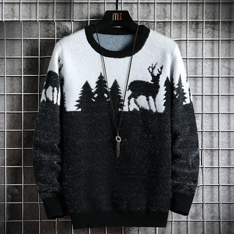 

2020 outono inverno casual Ã¡rvore de natal veados pulÃ´ver vintage preto fino ajuste camisolas masculino, White;black