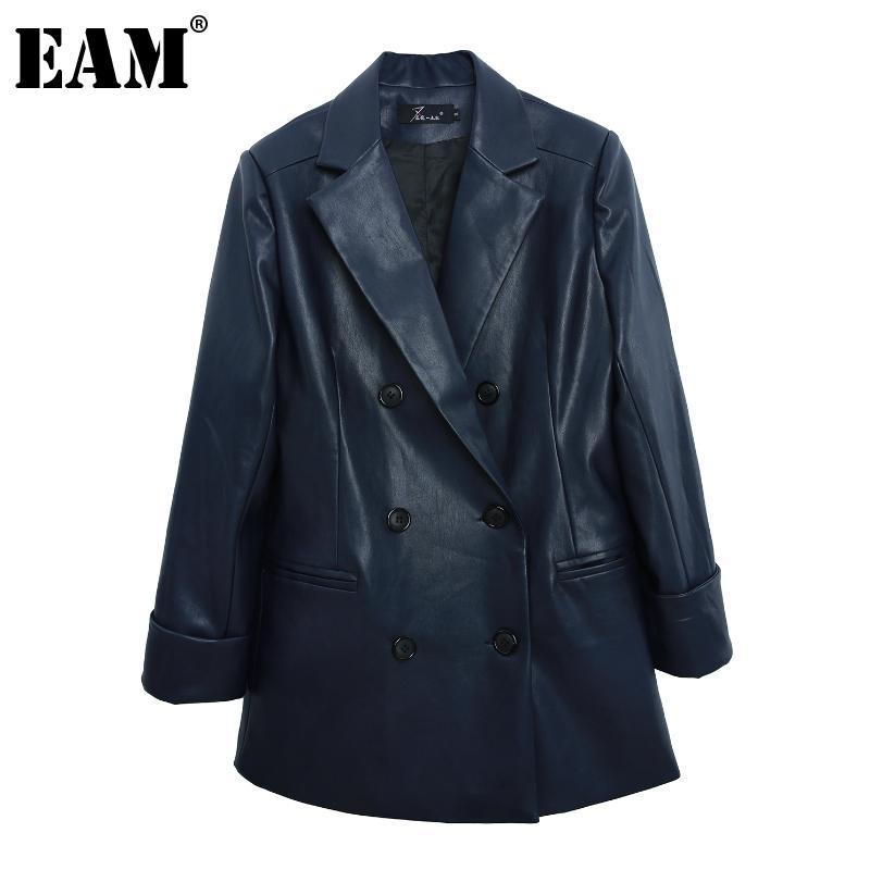 

EAM] Women Navy Blue Pu Leather Temperament Blazer New Lapel Long Sleeve Loose Fit Jacket Fashion Spring Autumn 2020 1DA450
