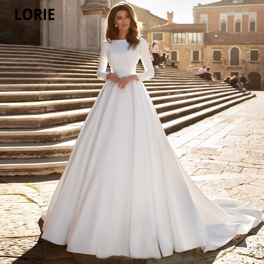 

Muslim White Satin Wedding Dresses with Full Sleeve Beach A-line Bridel Gown Court Train Lace Appliques Wedding Gown