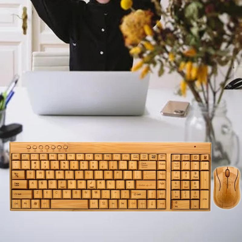 

Bamboo Keyboard Mouse Wireless Combo Set For Laptop PC Office USB Plug and Play W8ED
