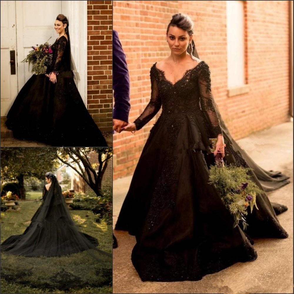 Exquisite Gothic Black Wedding Dresses lace Applique 2021 V Neck Long Sleeves African Plus Size robe de mariee Bridal Ball Gowns