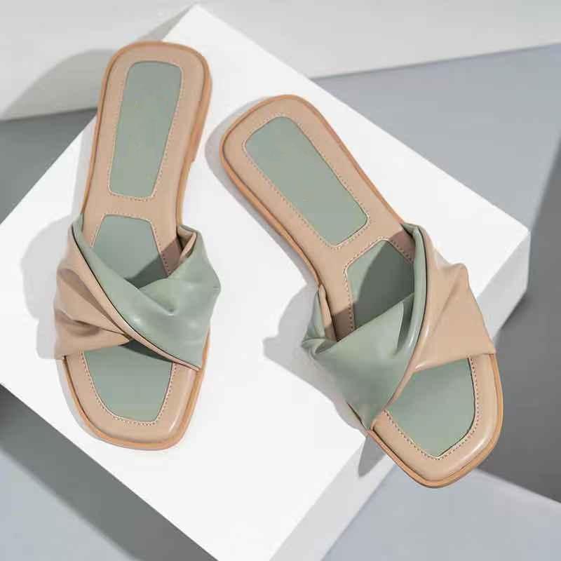 

Contrast Color Twisted Band Square Toe Slipper Women Home Outside Flat With Slippers Fashion Beach Slides Shoes, Black