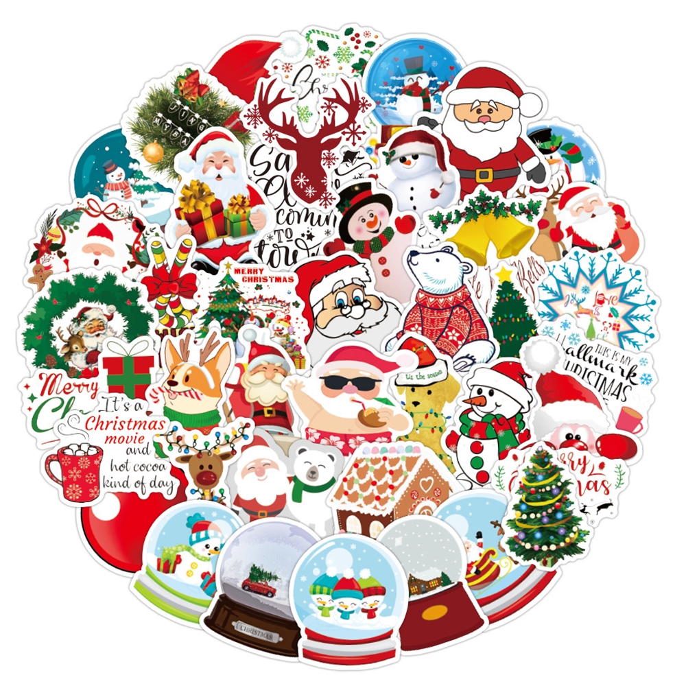 

50Pcs/Lot Holiday Christmas Xmas Snow Festival Stickers Waterproof No-duplicate Sticker Laptop Skateboard Motor Car Water Bottle Decal, Multi-color