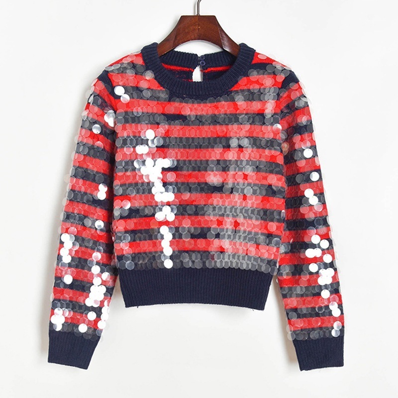 

2021 Fashion Female Blouses New Fall Chic Sheer Sequins Striped Pullovers High Street Round Collar Mesh Tops Swedish Mujer XCMU, Red
