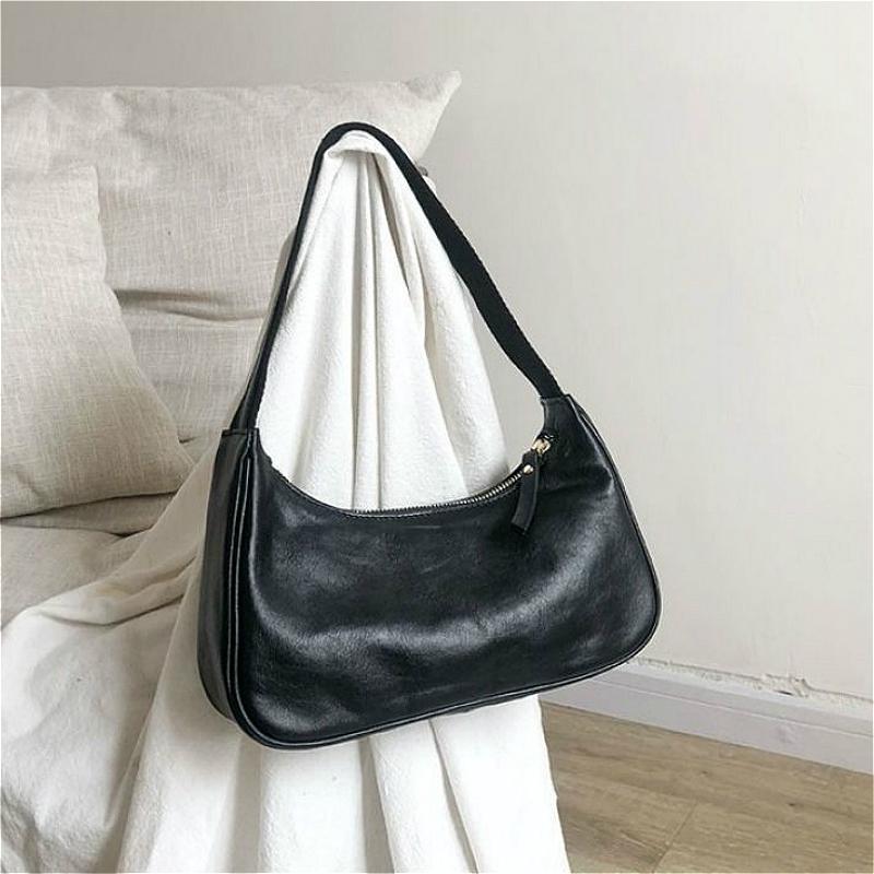 

Fashion Design Women Hobos Underarm Bag Vintage Soft PU Leather Ladies Baguette Shoulder Bags Elegant Female Purse Handbags, Black