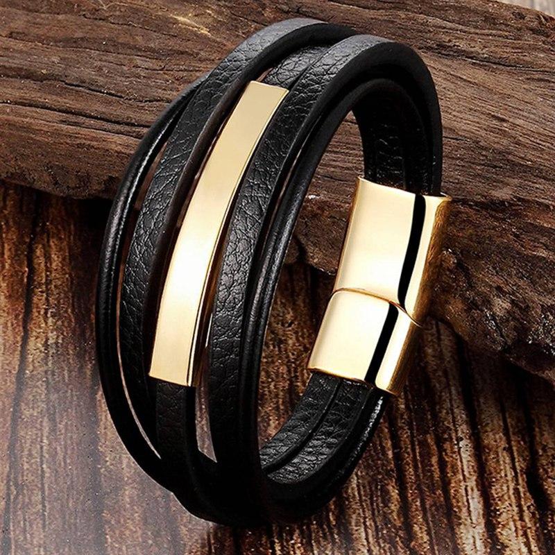 

Cord Bracelet Titanium Steel Men's Multi-layer Leather Rope Chain Charm Bracelets Men Trendy Magnet