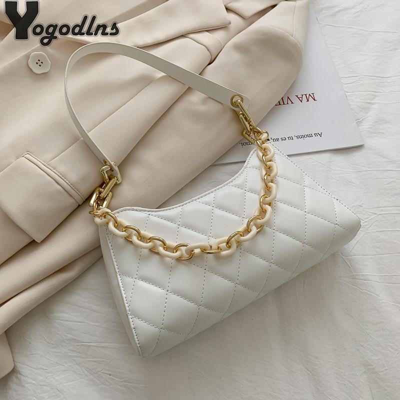

Fashion Women Underarm Baguette bags MINI PU Leather Shoulder Bags Ladies Chain Designer Luxury Handbag Female Travel Purse Tote, White