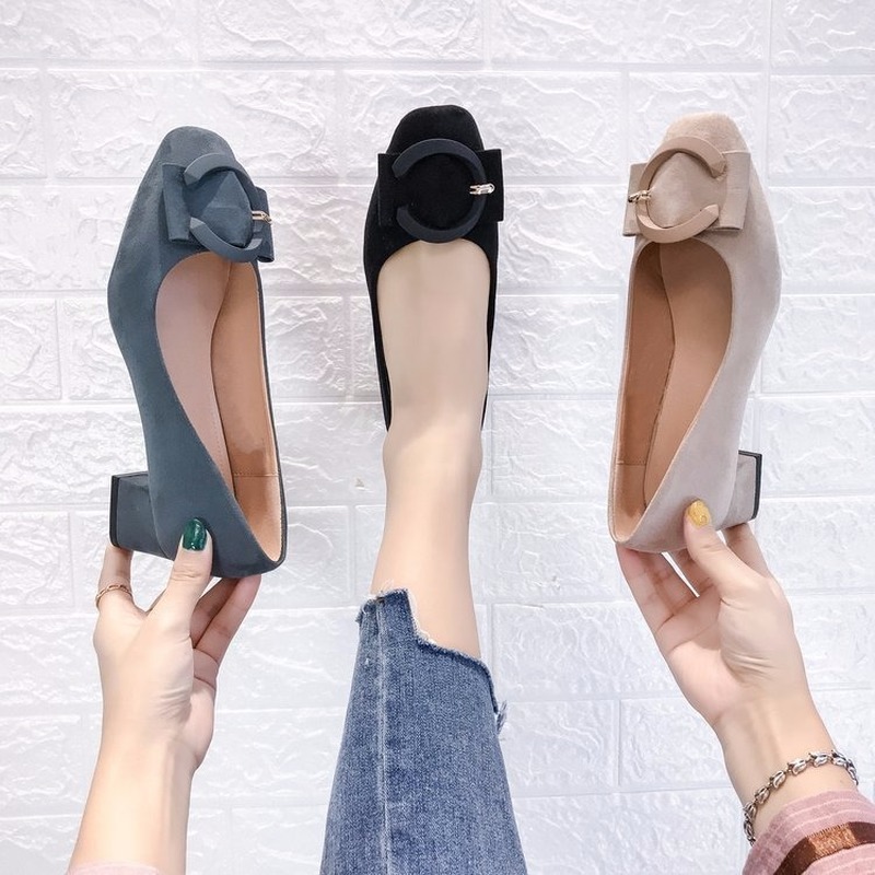 

New Women Shoes Woman Pumps 2020 Spring Autumn Square Head Round Buckle Thick Heels Casual Shoes Slip on Shallow Ladies Shoes, Black