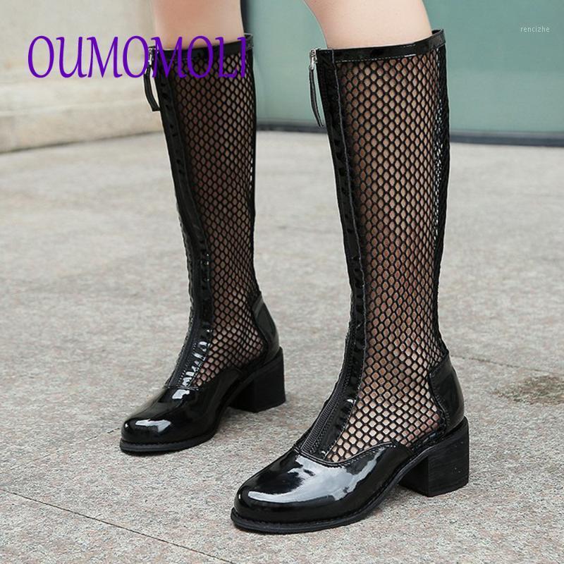 

Vintage Rome Punk Women Summer Boots Mid Calf Mesh Breathable Gladiator Sandals boots Square heel Party Shoes Q7651, Black