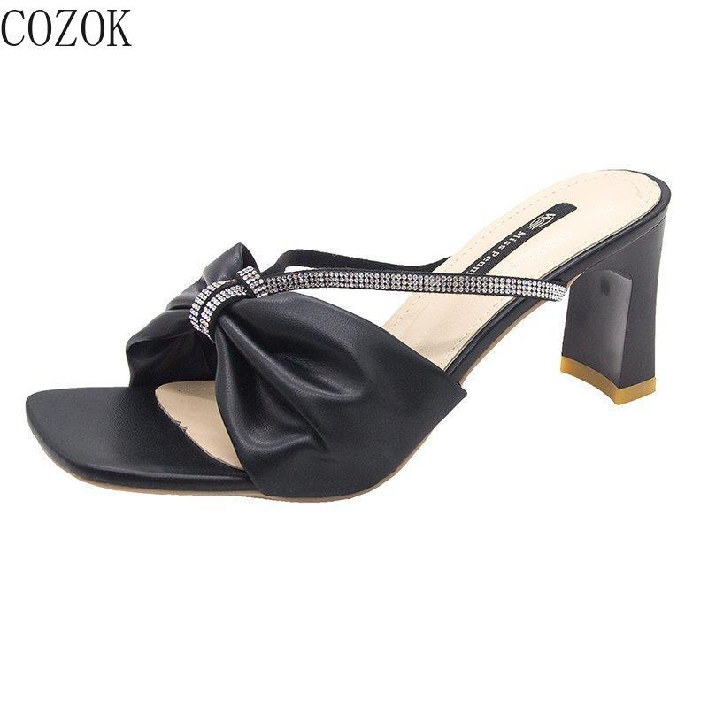 

Women's High-heeled Outdoor Slippers Fashion All-match Sexy Women's Shoes Bowknot Rhinestone Decoration Elegant Slippers, Beige