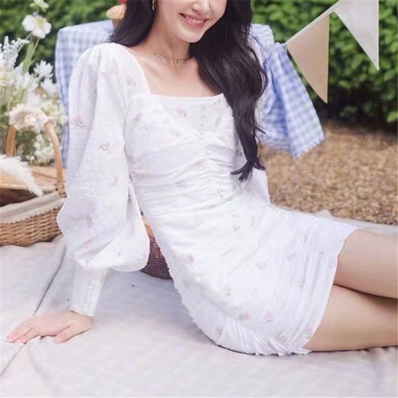 

New Elegant Women Dot Mesh Patchwork 2021 Fashion Ladies Lantern Sleeve Sweet Female Chic Floral Print Sheath Es Wwdp, White