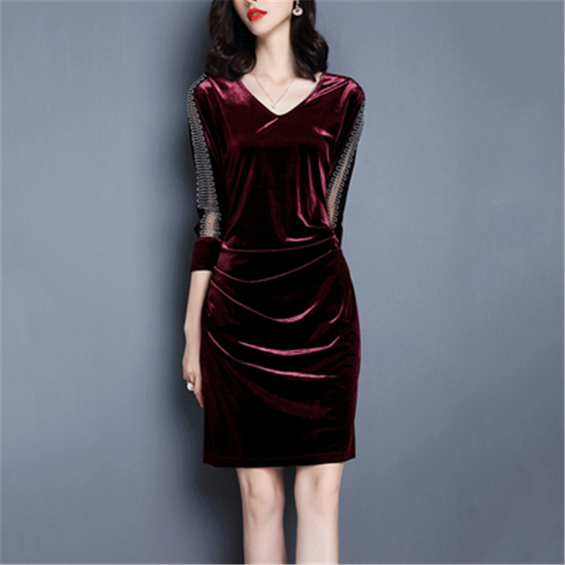 

2021 New Female Fashion Dressed in Autumn Party Plus Size 3/4 Sleeves Split Side Short Pencil Sheath Dress 1AA5, Burgundy