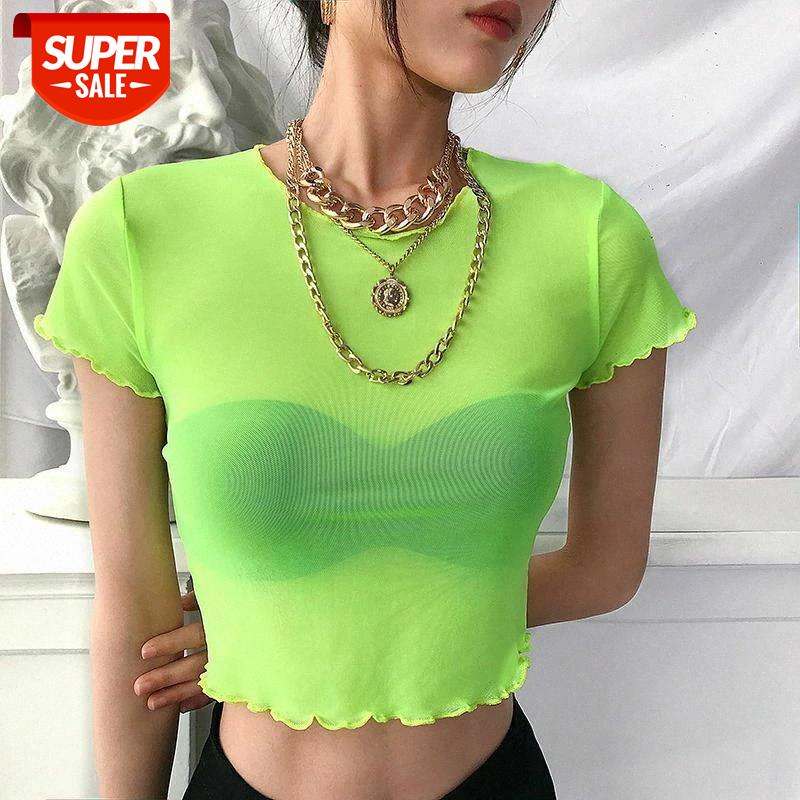 

Summer Mesh Sheer Slim T-shirt Women Sexy Solid Shiny Transparent Cropped Tops Casual Short Sleeve O Neck Short T-Shirt Tees #aX2A, White