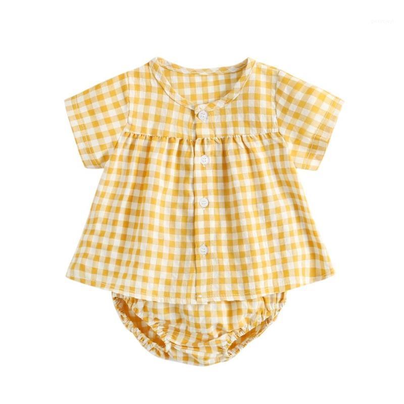 

Summer Newborn Girl Cotton Plaid Outfit Set Infant Baby Button Top+Shorts Clothes Suit 2Pcs1