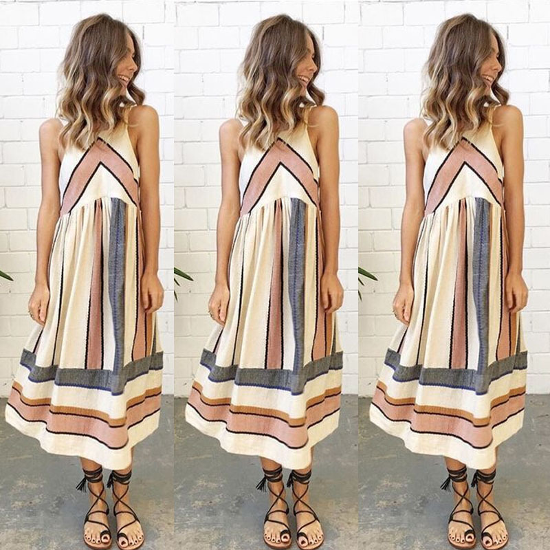 

Summer Women Lady Bohemian Long Maxi Dress Clothing Sexy Sleeveless Casual Party Striped Print Dress New Beach Sundress YF554, As picture