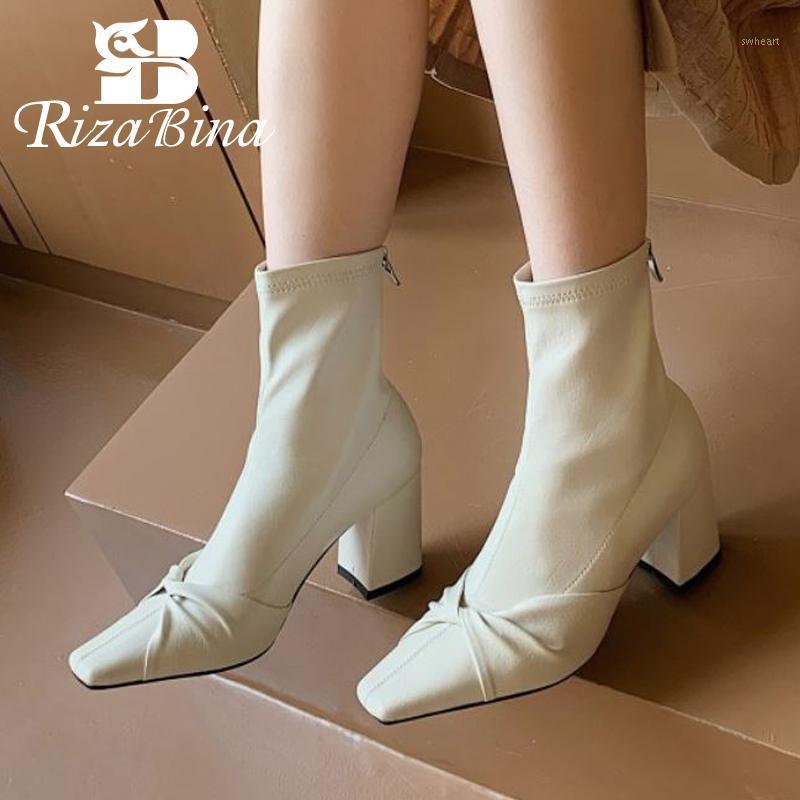 

RIZABINA New High Quality Women Stretch Sock Ankle Boots Zipper Square Toe Thick Heel Party Shoes Winter Footwear Size 34-391, Black