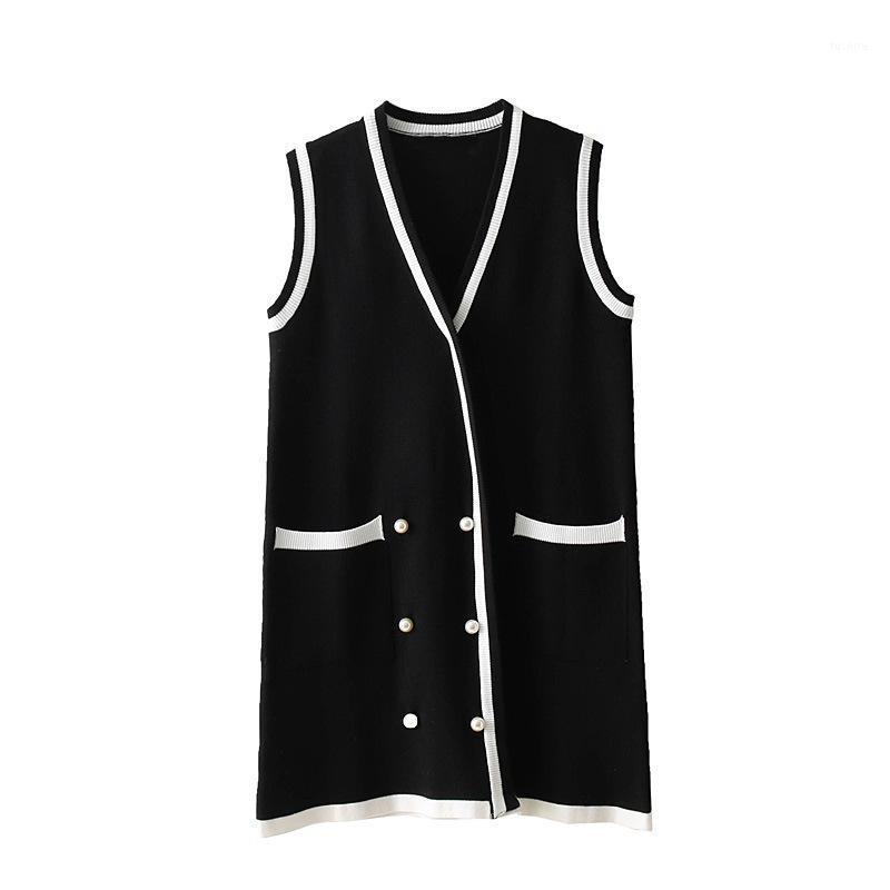 

2020 Hot European And American Style Spring New Arrival Long Vest Women Pearl Button Double Breasted Vest Knitted Free Shipping1, Black