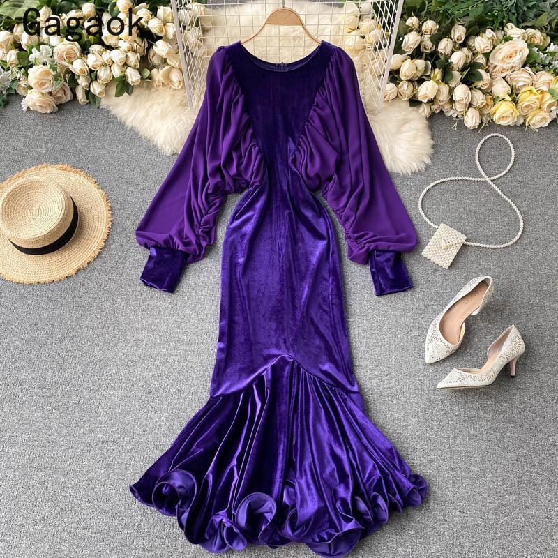 

Gagaok Women Formal Dress 2021 Spring Autumn New Solid Puff Sleeve Ruffles Fashion Party Dresses Midi Bodycon Wild Vestidos, Black