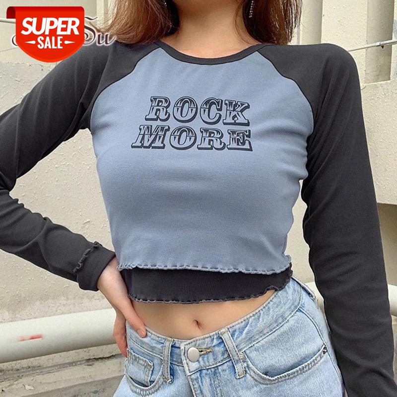 

ArtSu Fake 2 Pieces Letter Print Cotton Tshirt Women Autumn Casual Crop Top T Shirt Ladies Fashion Basic T-shirt Winter TS52311 #6H0Y, White