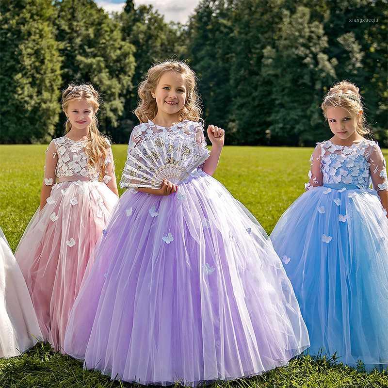 

Birthday Party Dress For Girl With O Neck Butterflies Ball Gown Flower Girl Dress Half Sleeve 2020 Princess First Communion Gown1, White
