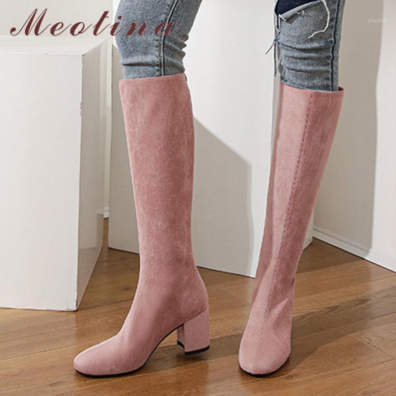 

Meotina Long Boots Women Shoes Zipper High Heel Knee High Boots Square Toe Block Heels Ladies Autumn Winter Apricot Pink1, Black synthetic lin