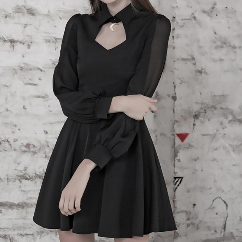 

Casual Dresses Woman Punk Gothic Dress Sexy Hollow Out Harajuku Moon Pendant Mesh Patchwork Mini Long Sleeve Vintage Black, Black;gray