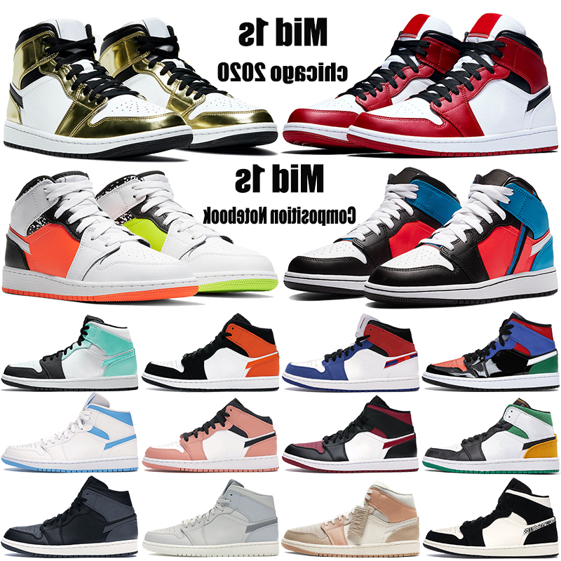 

New arrival mid 1 1s chicago jumpman basketball shoes mens UNC bred toe multi-color hock metallic gold black white men women sport sneakers, 36-45 mid multi-color hock