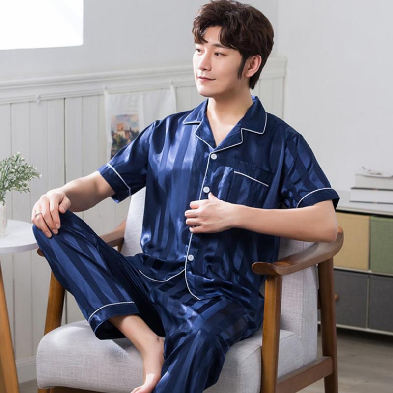 

Fashion Men Pajamas Sets Solid Homewear Short Sleeve V Neck Sleepwear Pants Soft Breathable Casual Mens Nightwear Sets, Double short blue