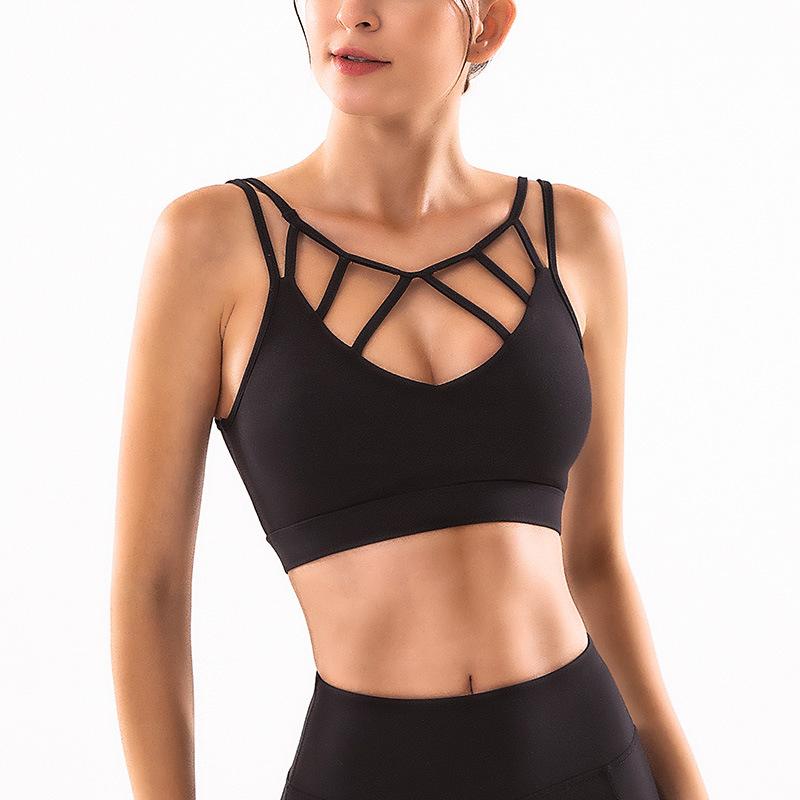 

2021 Double Shoulder Straps Sport Bra Female Fitness Anti-Sweat Shockproof Gym Crop Tops Push Up Padded Brassiere Sportswear, Black