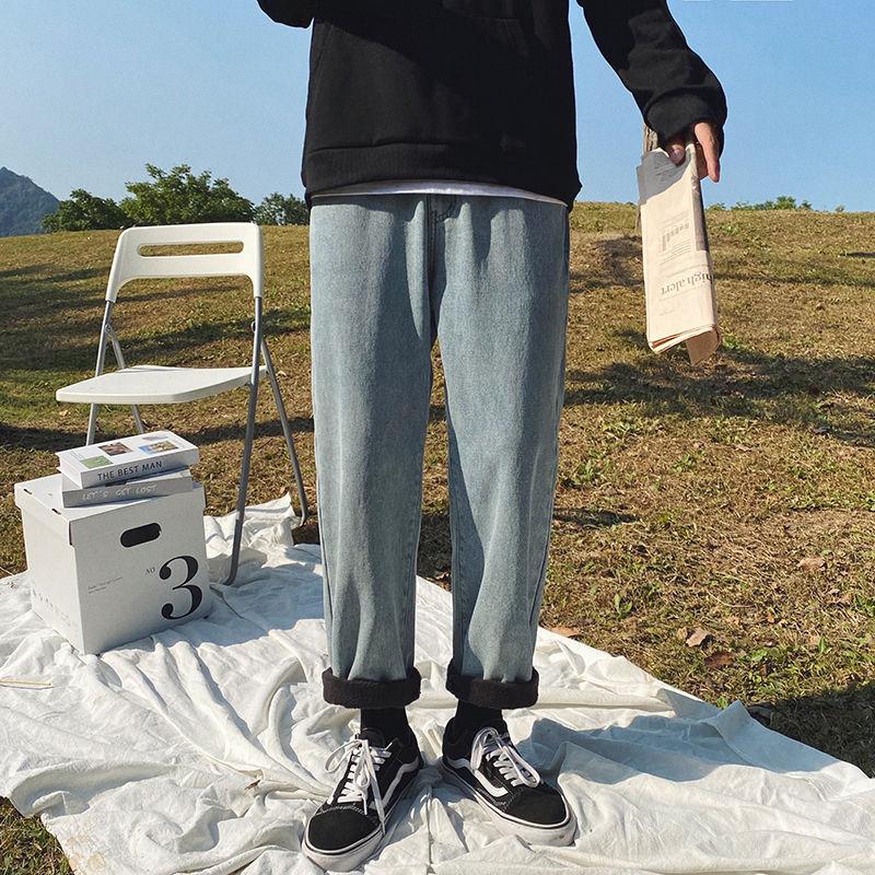 

Winter Plus Velvet Thick Jeans Men's Fashion Casual Wide-leg Jeans Men Streetwear Loose Hip-hop Straight Denim Trousers Mens, Black