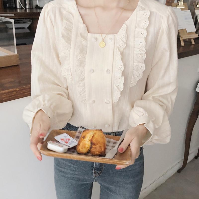 

2020 Spring Autumn Women Fashion Blouse Tops Sweet Ruffle Solid Square Collar Blusas Femme Korean Long Sleeve Casual Shirts, Beige