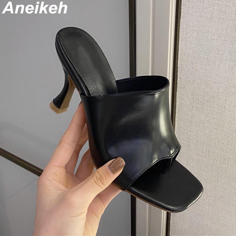 

Aneikeh 2021 Summer Fashion Women's Shoes PU Square Toe Slippers Stiletto Heels Basic Solid Outside Shallow Concise New Apricot