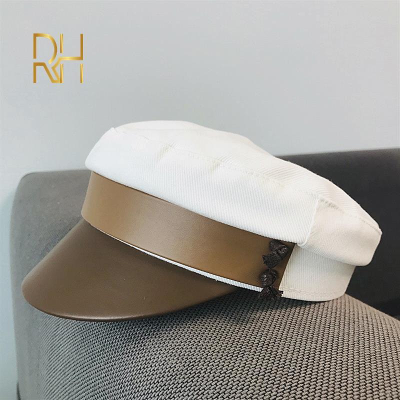 

New Cotton Women Berets Autumn Winter Newsboy Hat Vintage Fashion Octagonal Stitching PU Brim Boina Artist Cap RH, White