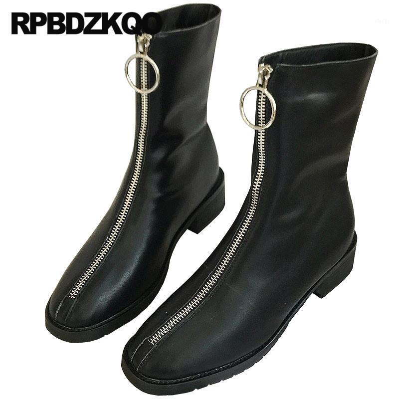 

Short Round Toe Front Zipper Autumn 2020 Fall Winter Chunky Female Women Ankle Boots Medium Heel Beige Shoes Black Designer Fur1