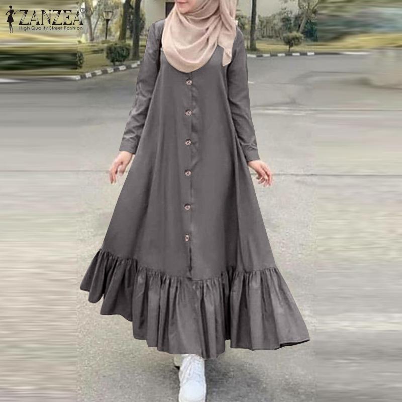 

ZANZEA Women' Autumn Dress Vintage Ruffle Hijab Dress Long Sleeve Solid Muslim Dubai Vestidos Plus Size Sundress Kaftan Robe, Black