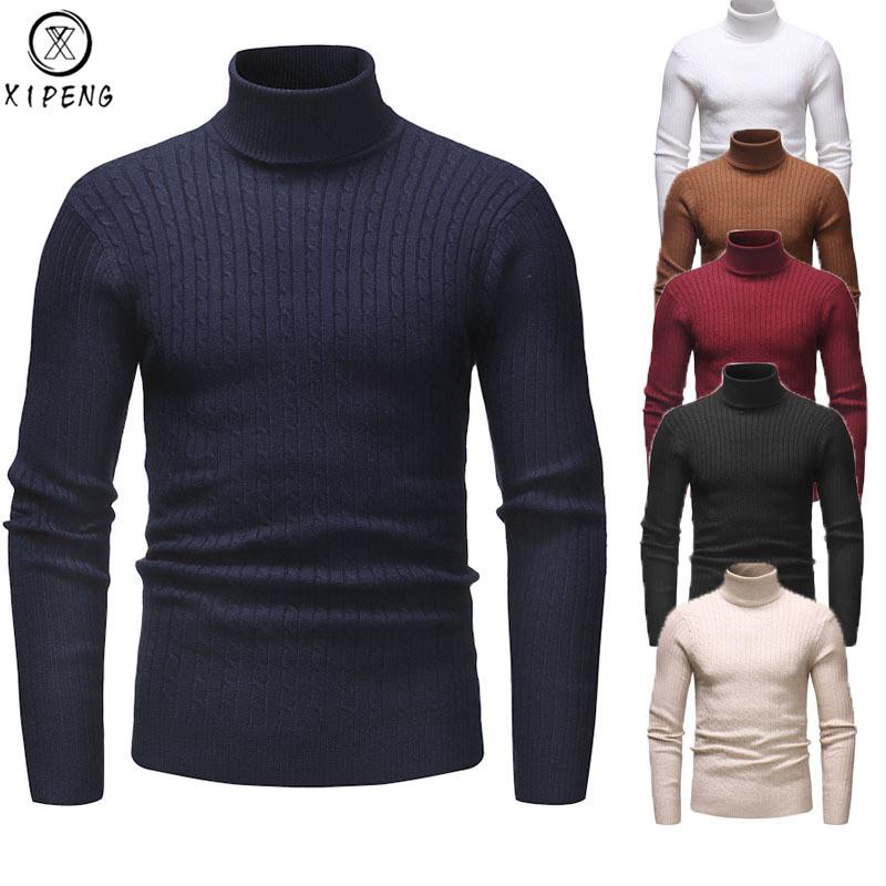 

Winter Warm Men Turtleneck Sweater Fashion Solid Knitted Slim Fit Pullovers Male Casual Double Collar Sweaters Mens Pull Homme, White