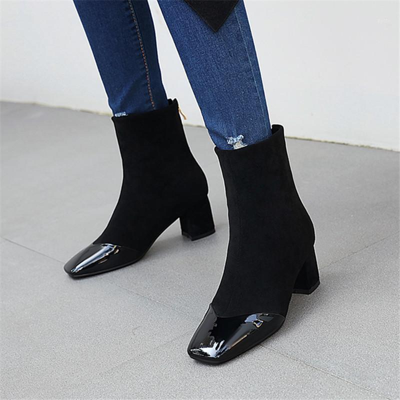 

2021 Autumn Women Boots Faux Leather Sqaure High Heel Ankle Boots Fashion Square Toe Zip Winter Ladies1, Beige