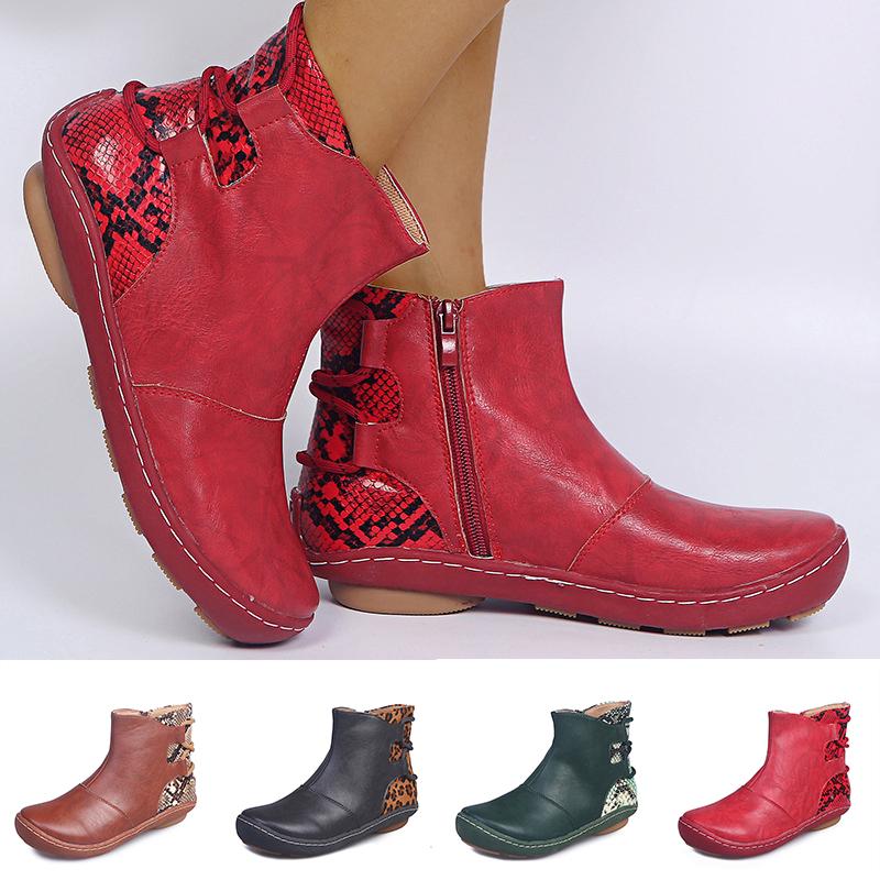 

2020 Fashion Women Boots Zippers Women's Shoes Comfort Short Boots Laces Zippers Leopard Snake Print PU Leather Winter Warm Boot, Red