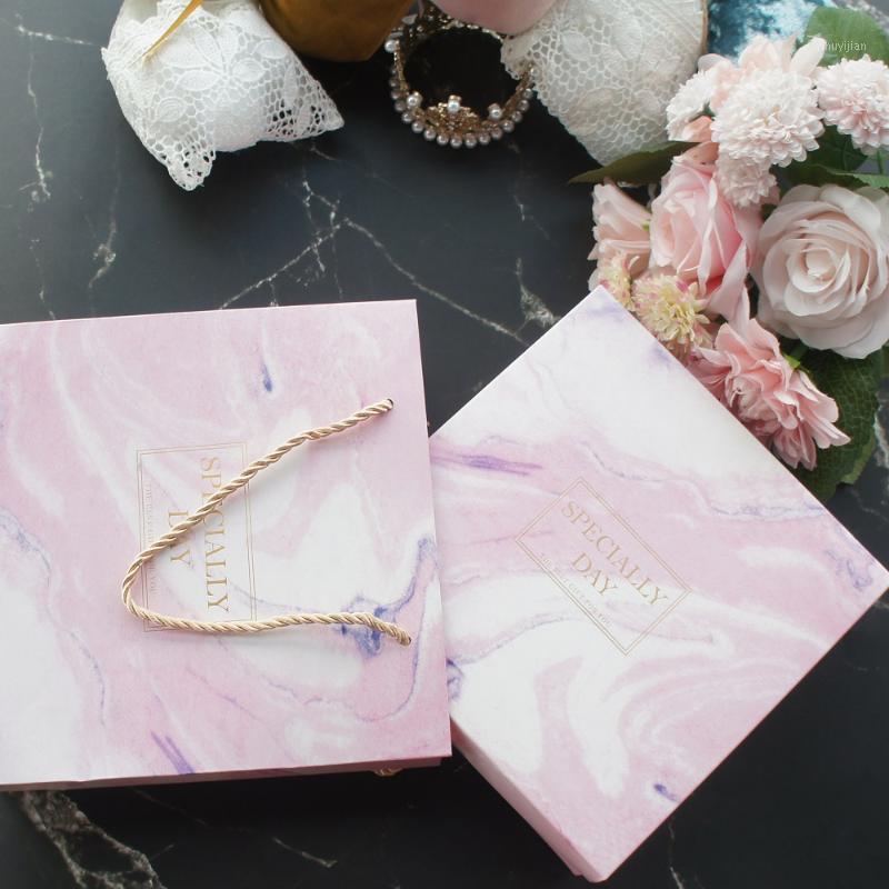 

20*20*6cm 3set Gold Pink Marble Special Day Design Paper Box + Bag As Baby Shower Birthday Wedding Gift Packaging Use1