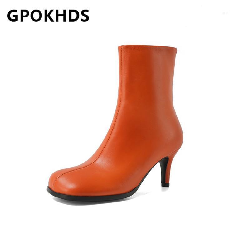 

GPOKHDS 2021 women Ankle boots Sheepskin Winter short plush Round Toe Zipper High heels female boots size 421, Black