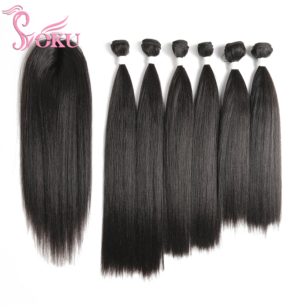 Costume Accessories Synthetic Hair Weave with Closure Bundles Natural Black Straight Hair Extension Weaving 14-18 Inch Heat Resistant Fiber-image-749080021