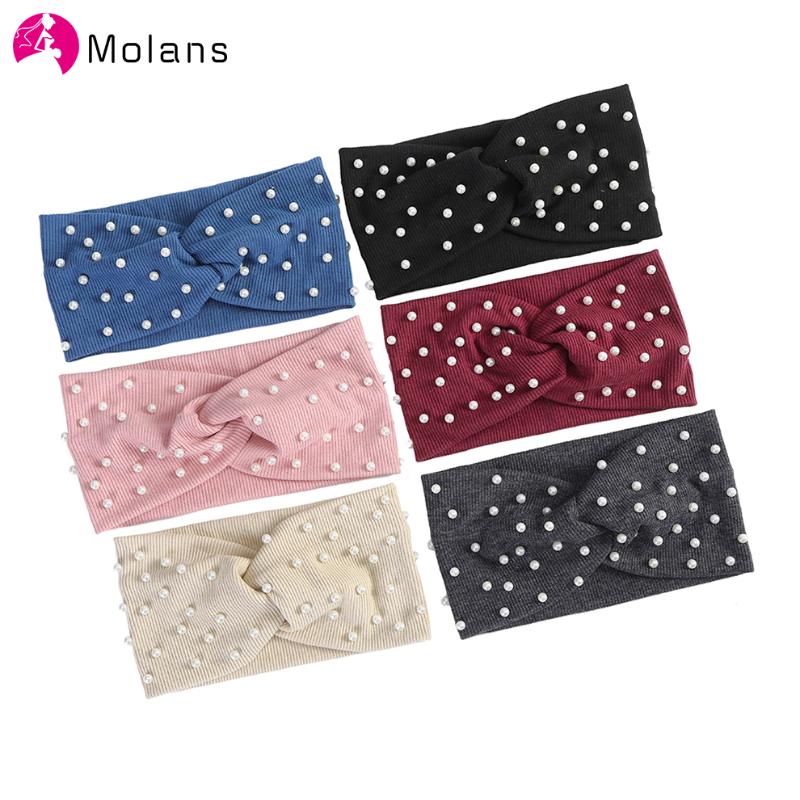 

Molans Wide Turban Knitted Headband Women Elastic Cross Hair band Pearl Soild Color Girls Fall Winter Fashion Hair Accessories