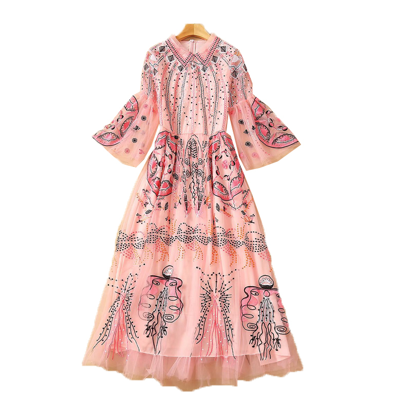

2021 Summer Track New Retro Ethnic Style Embroidered Flowers Long Sleeves Sexy Tulle Thin Temperament Dress of Medium Length V6gm, Pink.