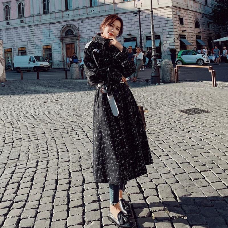 

Small Woolen Coat Women' 2020 Winter New Loose Casual Fashion Trendy Plaid French Hepburn Style Over-The-Knee Coat Trendy Y018, Black