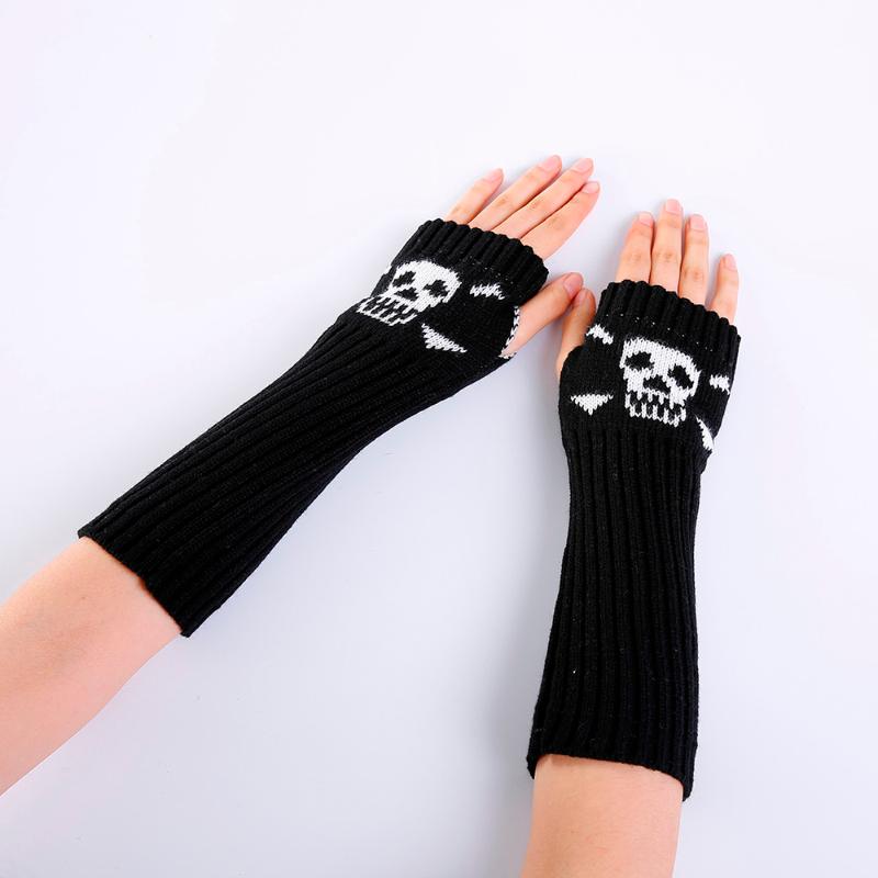 

Women Mangas Gloves Autumn Winter Wrist Arm Warmer Skull Stretch Knit Mittens Long Fingerless Touch Screen Gloves Mitten guantes