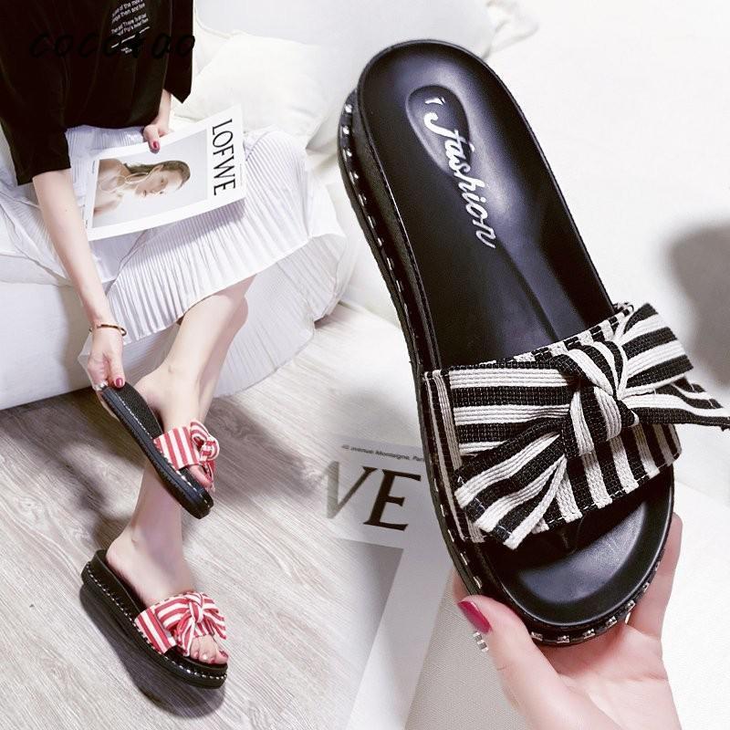 

Slippers Women 2020 Summer New Fashion Wear Wild Comfortable Stripe Bow Temperament Sandals And Slippers Ins Tide1, Black